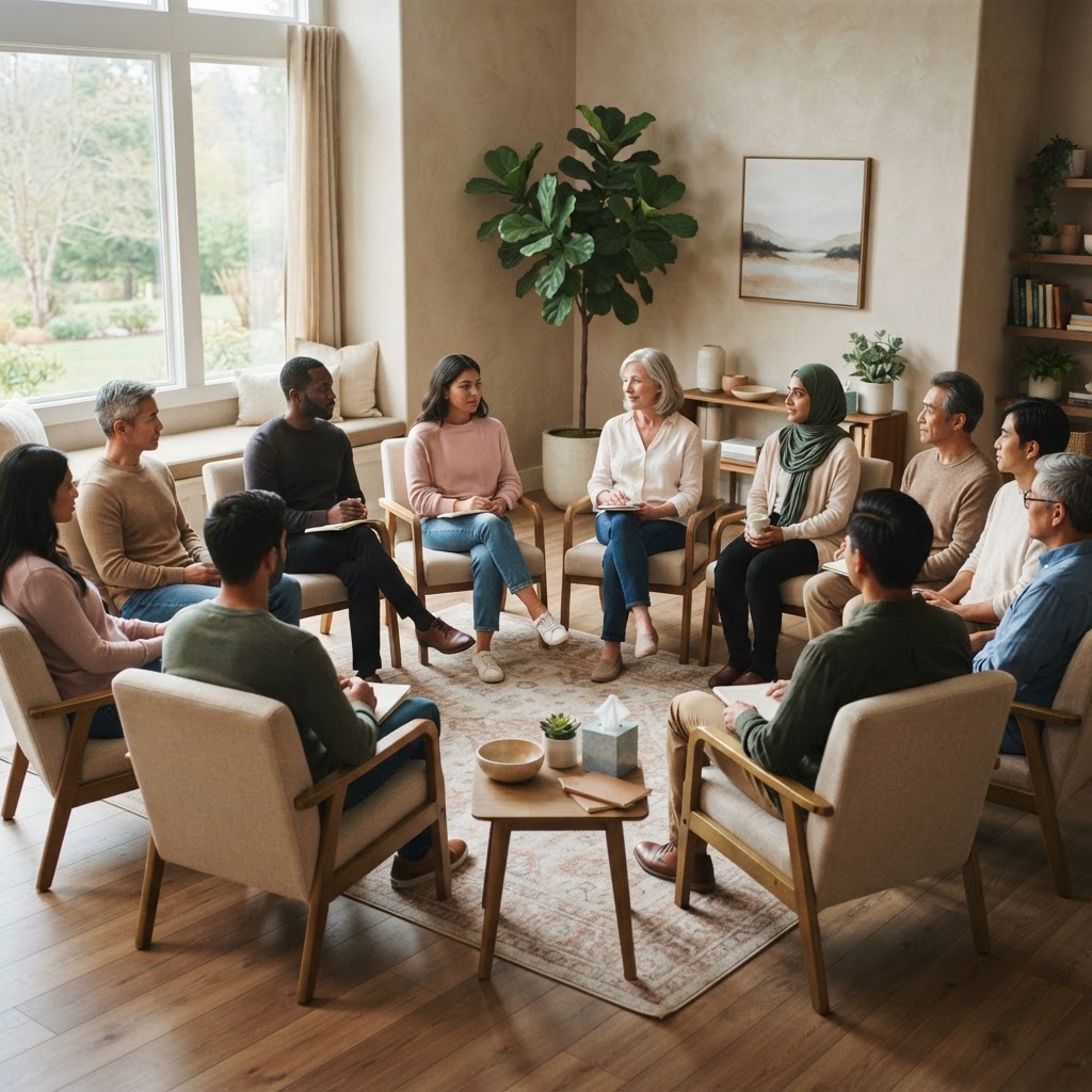 A group of people sitting in a circle, like as if they were in a group therapy circle